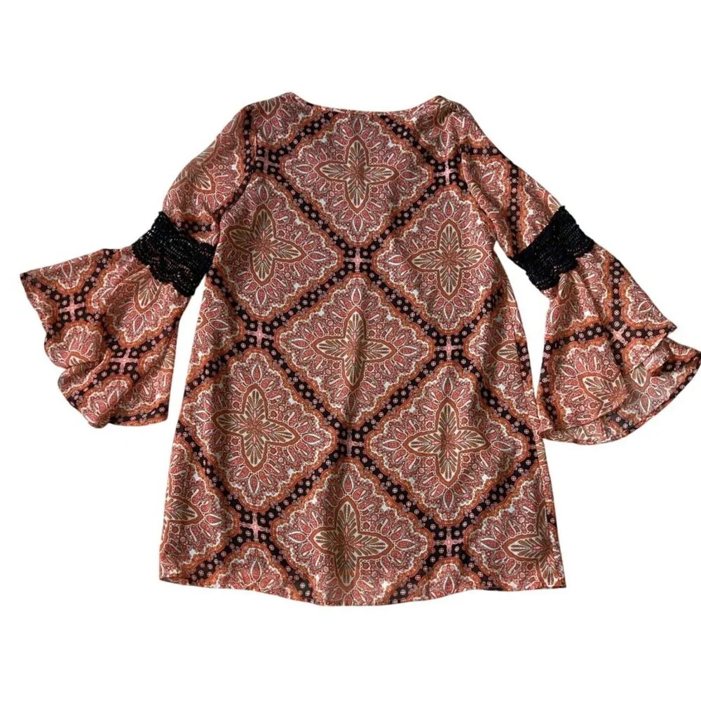 Paper Crane Anthropologie M Fairy Boho Mini Dress Orange Paisley Bell Sleeves - Picture 6 of 6